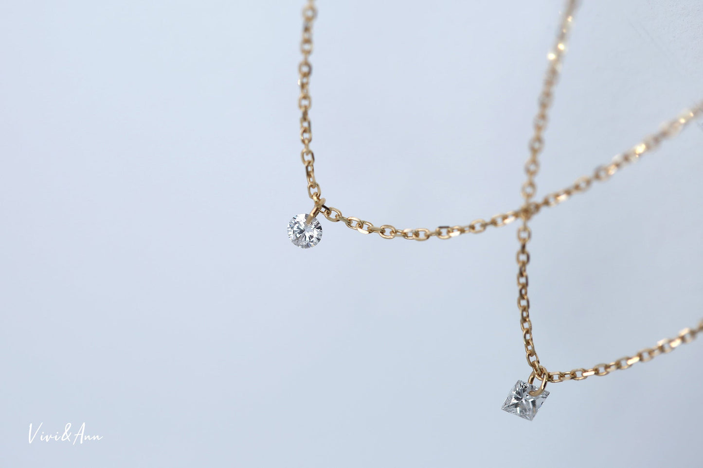 Floating Solitaire Round Brilliant Cut Drilled Diamond Necklace Solid 14K Gold