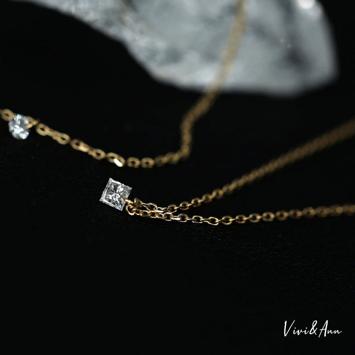 Floating Solitaire Princess Cut Drilled Diamond Necklace Solid 14K Gold