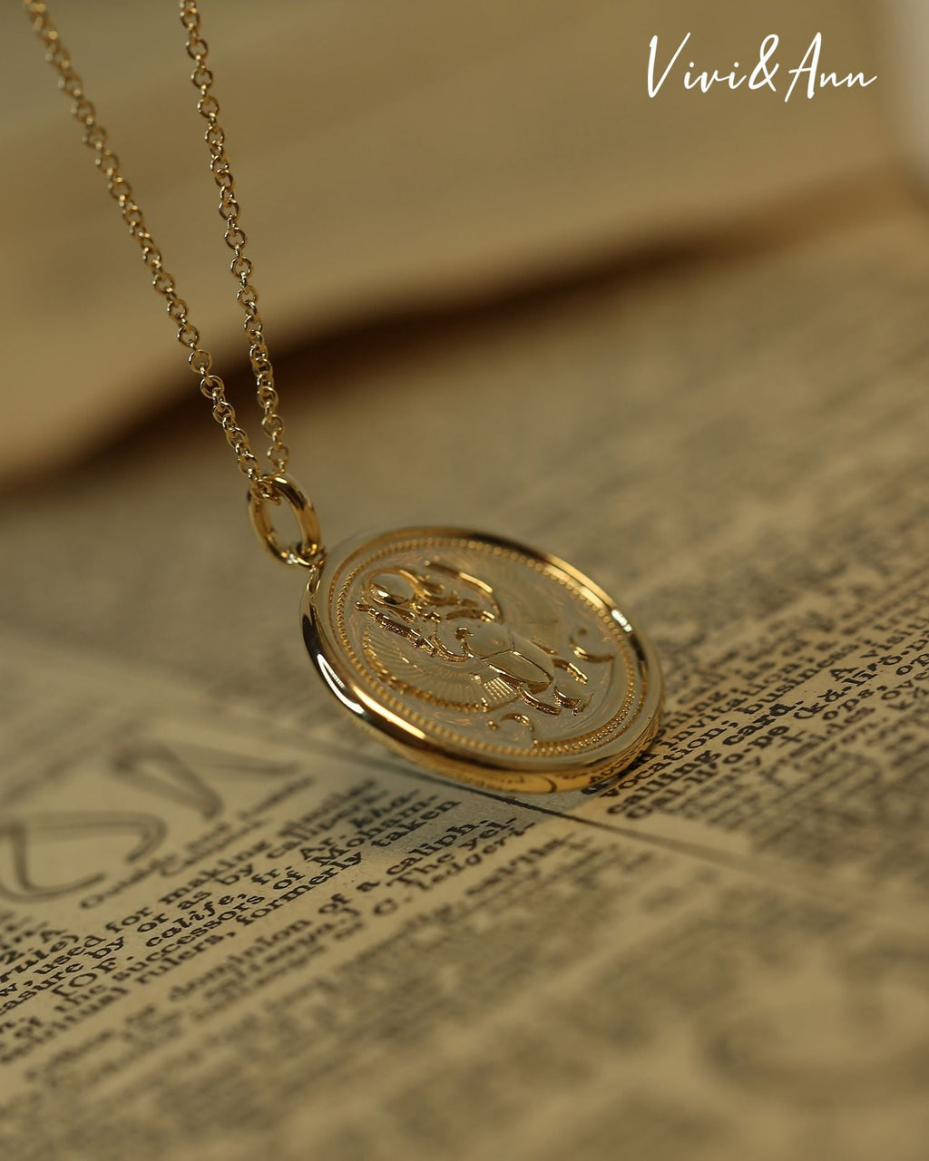 Gold Egyptian Revival Scarab Coin Necklace