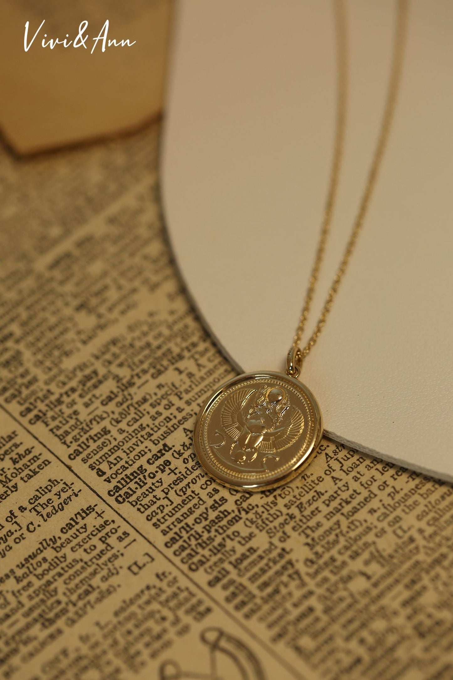 Gold Egyptian Revival Scarab Coin Necklace